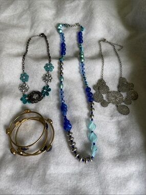 3 Blue and Silver Beaded Necklace and Bracelets